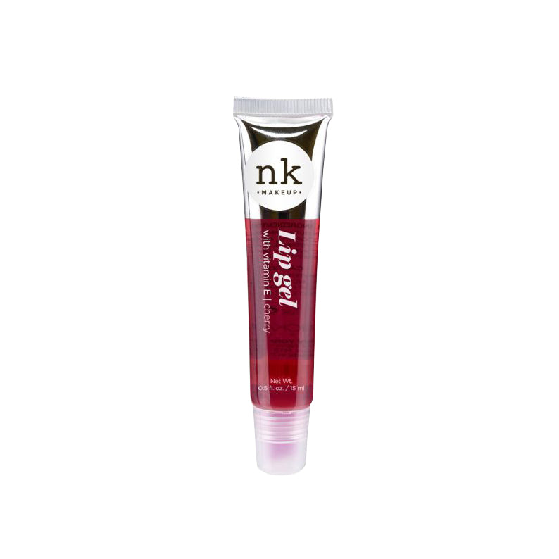 NICKA K red lip gel tube with nk logo and applicator tip moisturizing vitamin E lip gel for glossy lips
