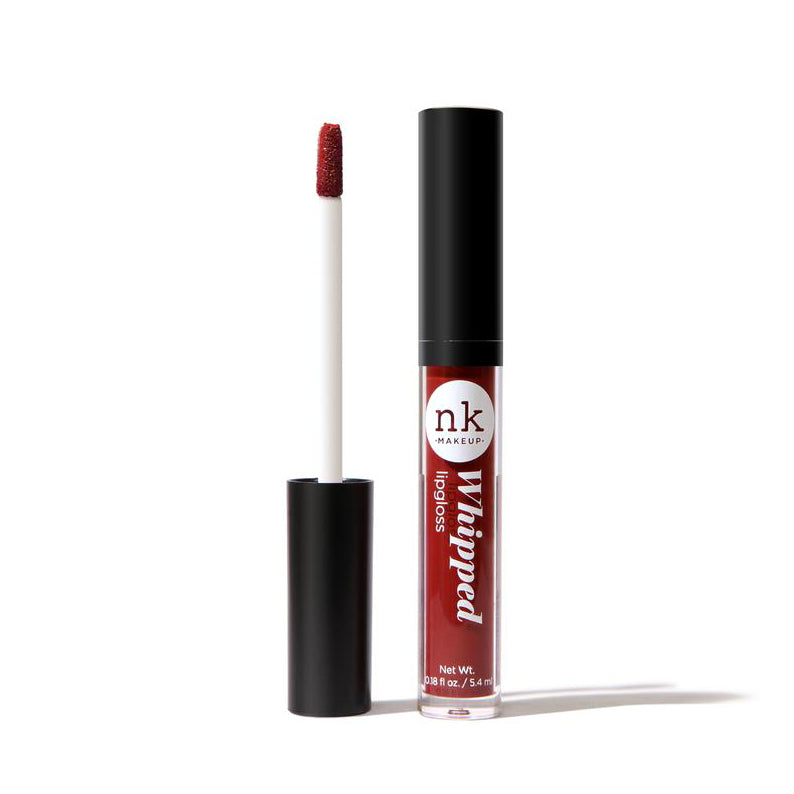 NICKA K whipped lip gloss for dark skin in deep red shade with applicator wand and black cap