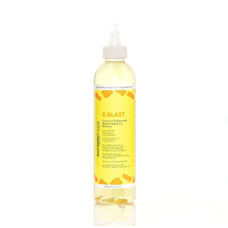 Aunt Jackie's E-BLAST nourishing scalp remedy for girls in a 12oz bottle with yellow label and dispensing nozzle