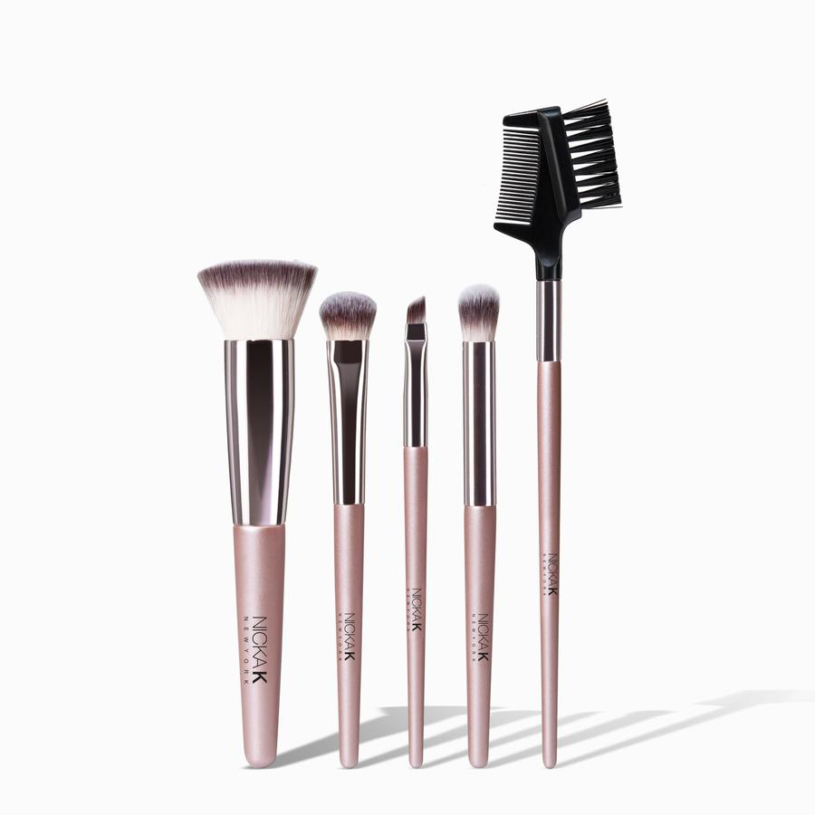 NICKA K complexion brush set five rose gold brushes including angled kabuki blending and brow comb