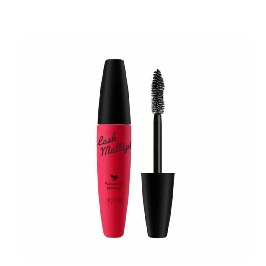 NICKA K waterproof mascara for sensitive eyes with a black curved brush applicator and red tube