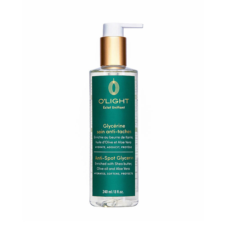 O LIGHT skin care anti-spot glycerin for dark spots clear pump bottle with green label and gold pump cap 240 ml