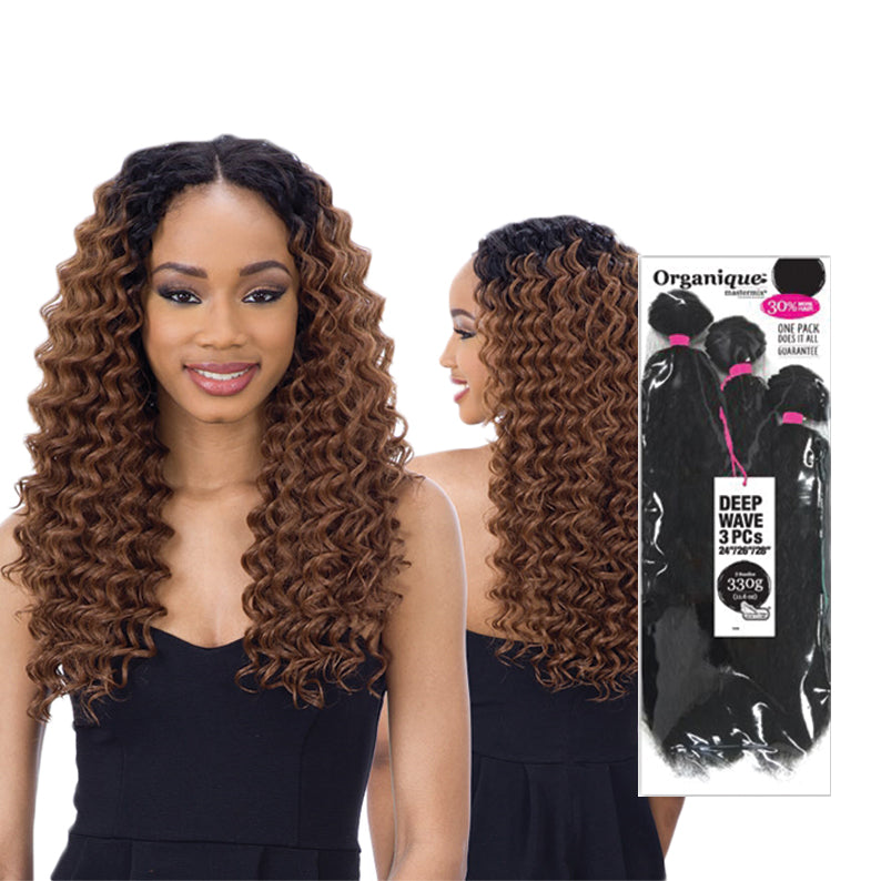 SHAKE N GO deep wave hair bundle on model with long brown ombre waves front and back view plus packaged 3 piece set