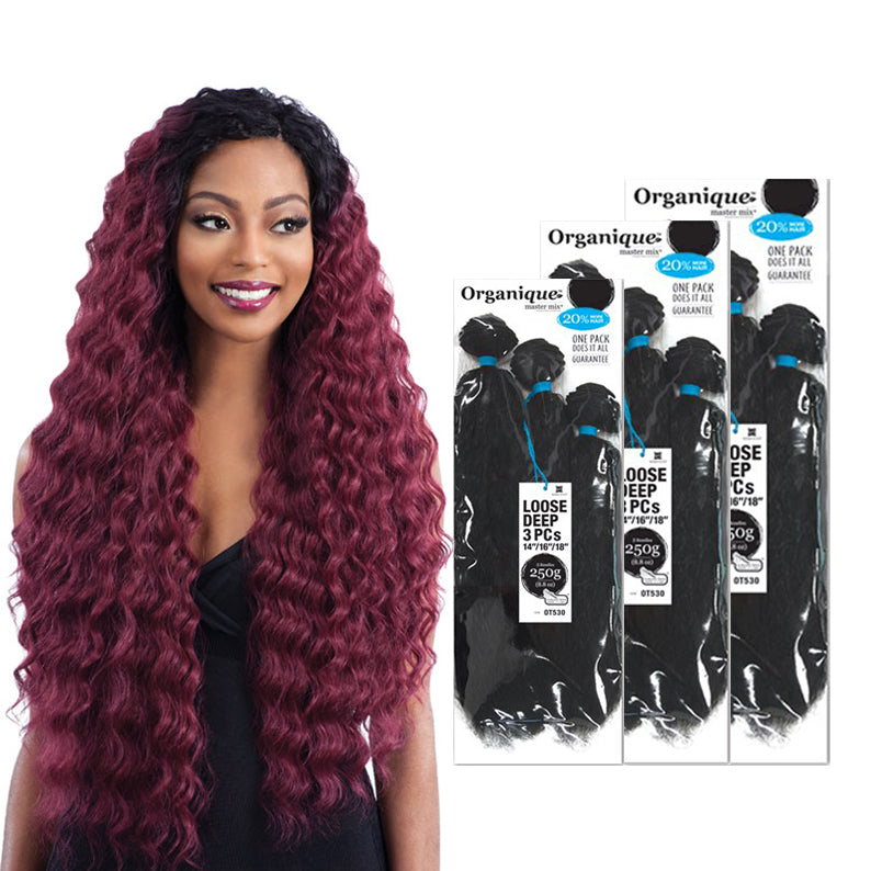 Shake N Go Organiques loose deep bundle hair in deep wave style with packaging and model wearing burgundy hair