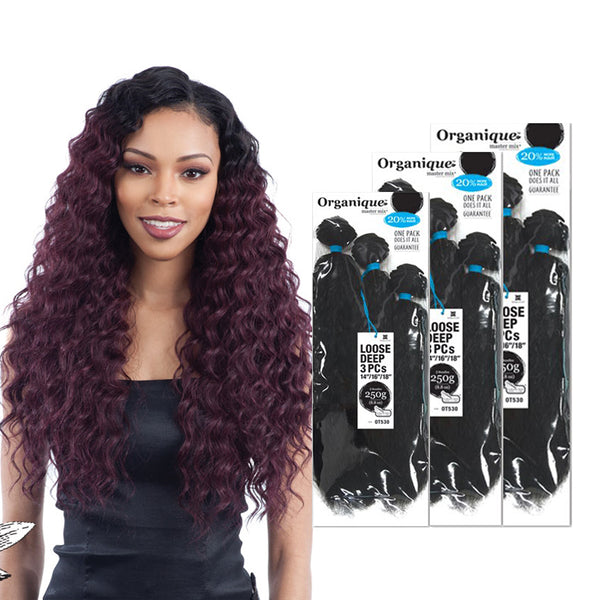 Shake N Go Organiques loose deep bundle hair shown on model with deep wavy black and burgundy hair