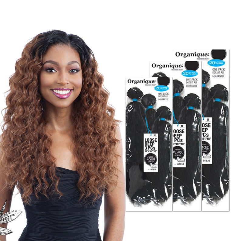 Woman with long curly brown hair and packages of SHAKE N GO Organiques loose deep bundle hair extensions
