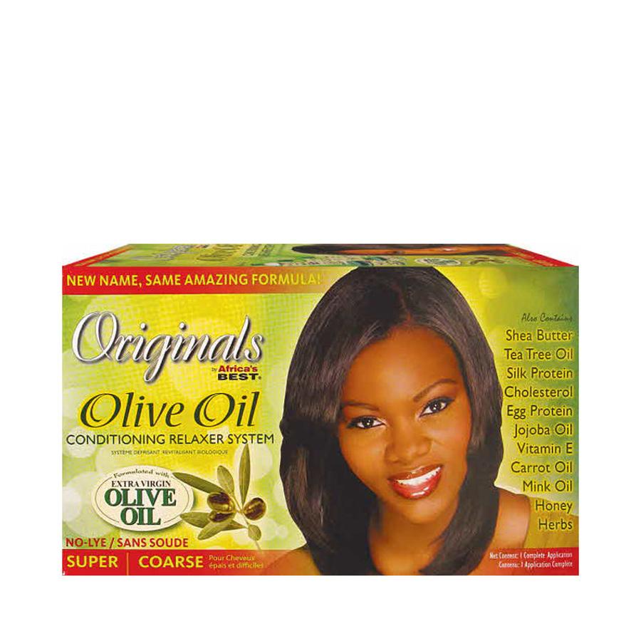 Africas Best Originals Olive Oil conditioning relaxer box featuring model and label olive oil hair relaxer for coarse hair