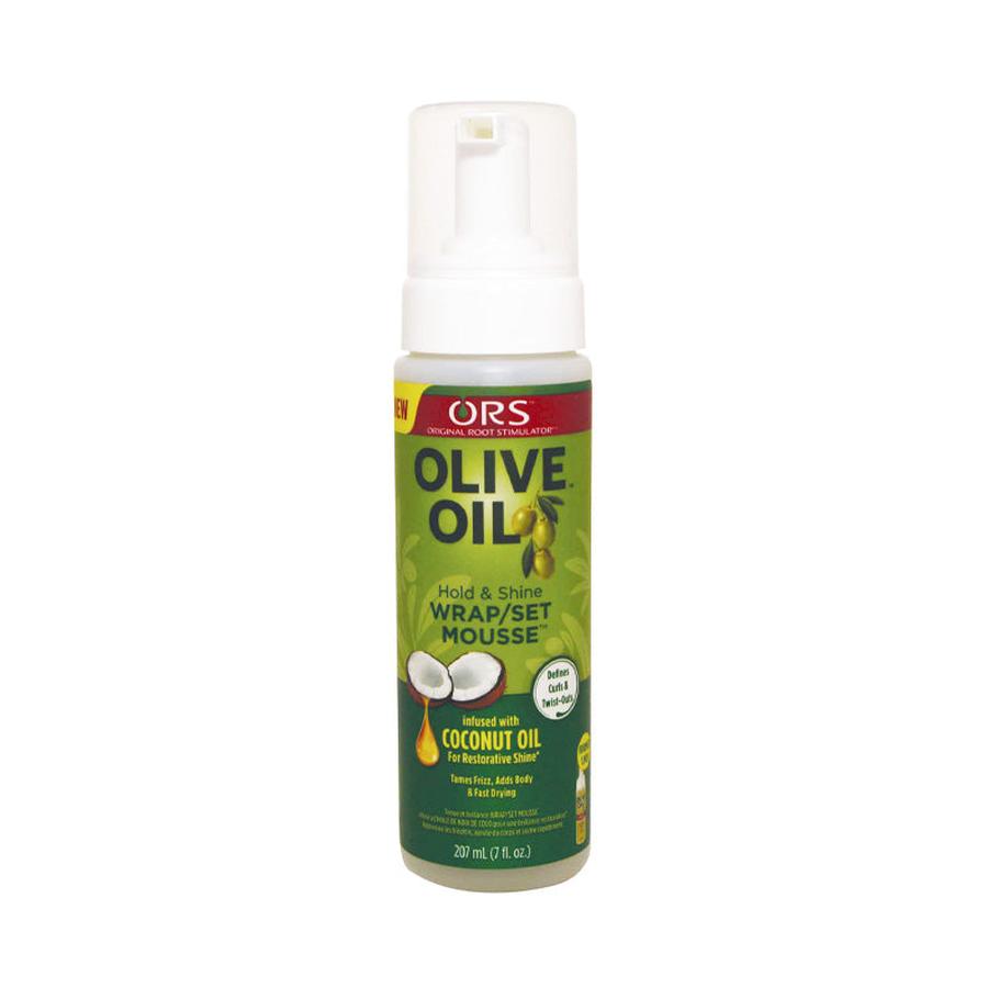 ORS olive oil hair mousse with coconut oil for hold and shine in 7 ounce bottle