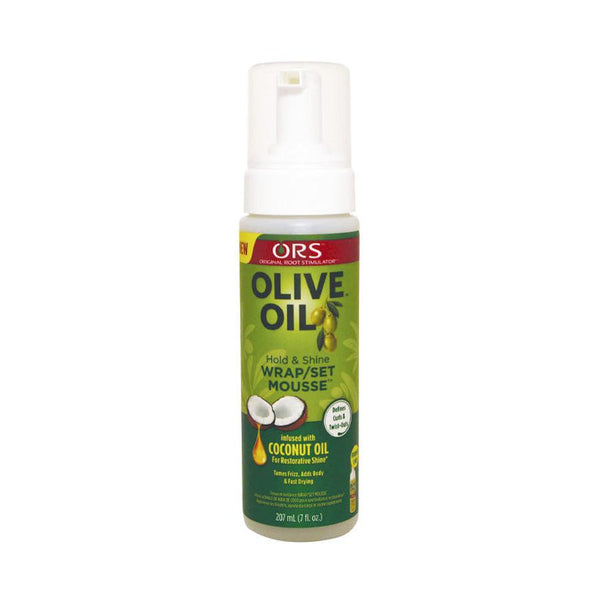ORS olive oil hair mousse with coconut oil for hold and shine in 7 ounce bottle