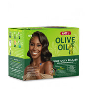 ORS Olive Oil Mild Touch relaxer kit green box with olives graphic and model with sleek waves olive oil hair relaxer kit