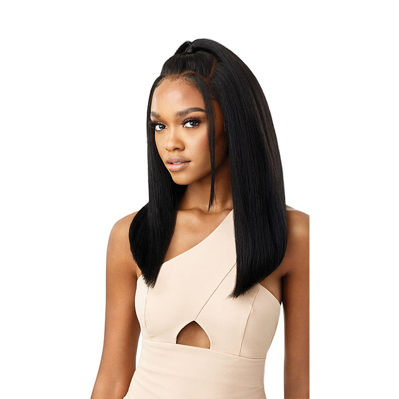 OUTRE 13x4 lace frontal synthetic wig sleek straight black mid length with half up ponytail on model