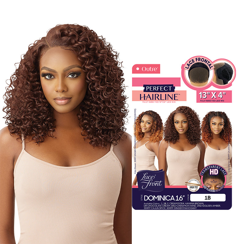 OUTRE Dominica 16 chestnut curly shoulder length wig on model with packaging 13x4 lace frontal wig synthetic