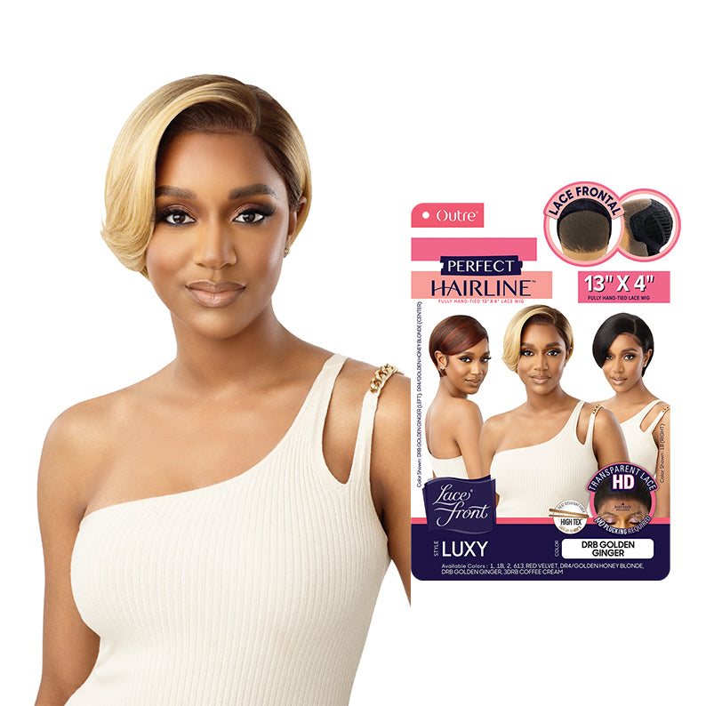 OUTRE 13x4 lace frontal wig synthetic short side part blonde bob on model with natural hairline