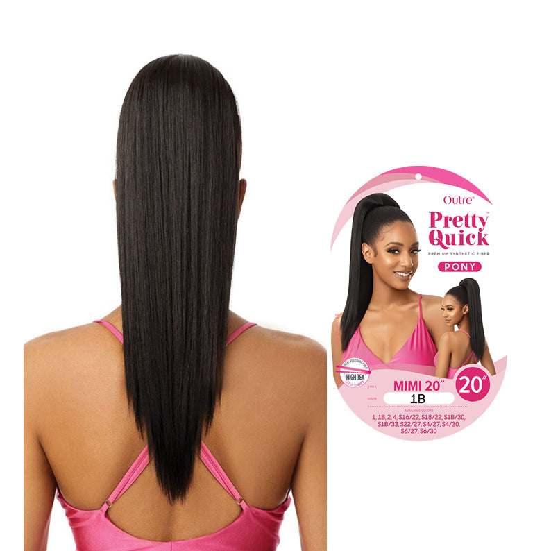 OUTRE 20 inch ponytail extension in sleek black straight hair on a woman with a pink tank top