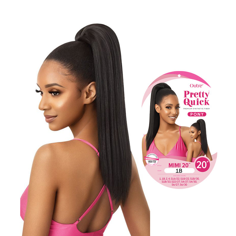 OUTRE 20 inch ponytail extension in sleek black worn by woman with smooth high ponytail style