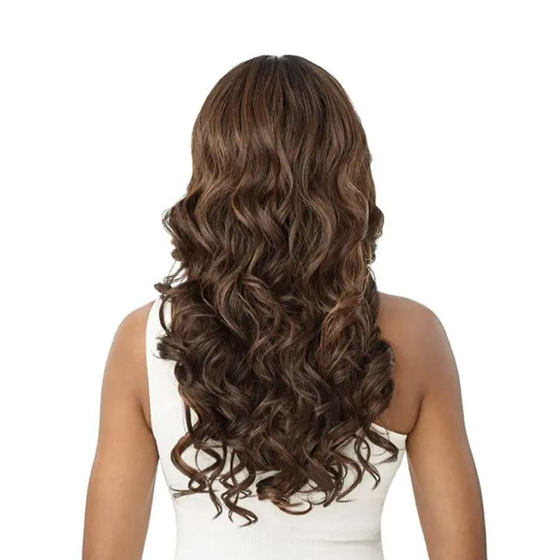 OUTRE 22 inch lace front wig with long curly brown hair shown from back