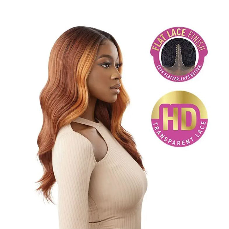 OUTRE 22 inch synthetic lace front wig honey brown wavy center part on model with HD transparent lace finish
