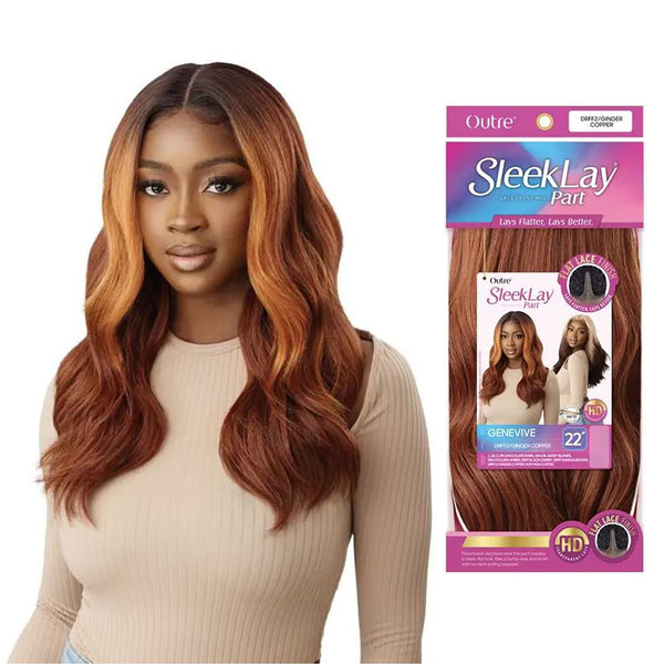 OUTRE 22 inch synthetic lace front wig copper brown wavy SleekLay part on model with product packaging