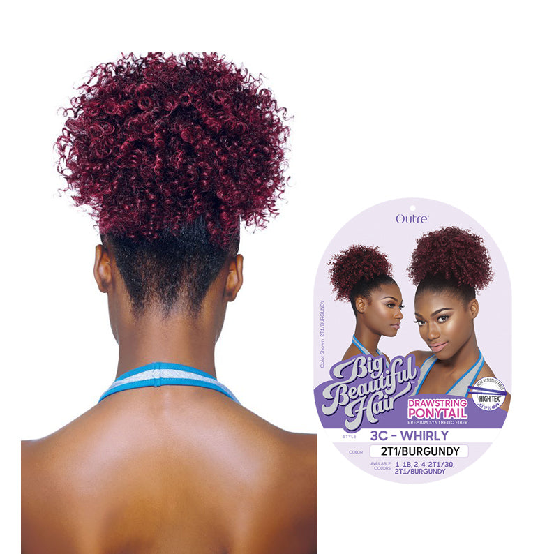 OUTRE 3C curly drawstring ponytail in burgundy styled on a model with tight curls and high texture