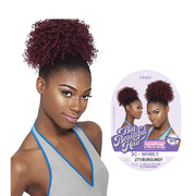 Outre 3C curly drawstring ponytail in burgundy worn by woman with natural curls