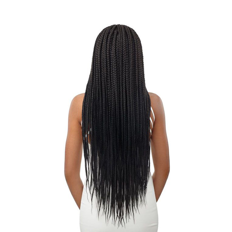 OUTRE 4x4 lace front pre-braided wig long black box braids back view reaching lower back on model