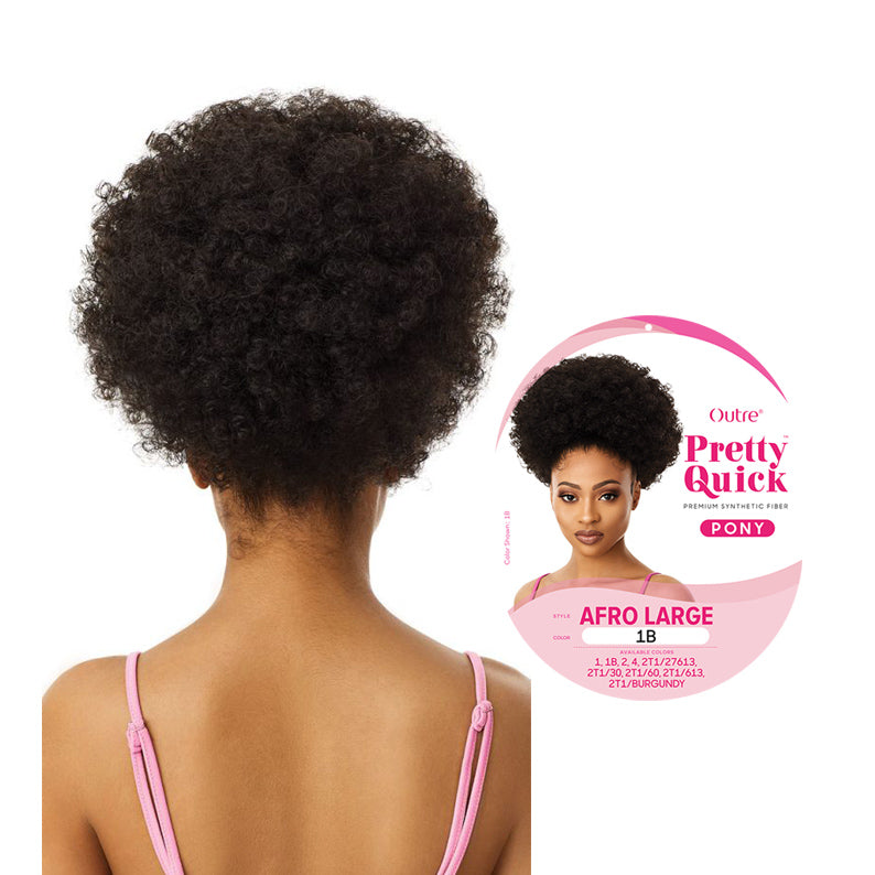 Outre Afro ponytail extension in natural black curly texture on model wearing pink straps