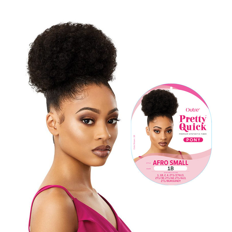 Outre afro puff ponytail extension in 1B black worn by model with high puff hairstyle