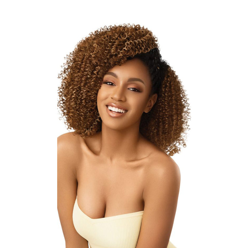 OUTRE after midnight synthetic half wig curly shoulder length brown ombre on smiling model with natural hairline