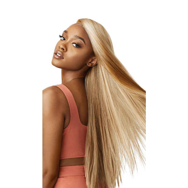 Model wearing OUTRE blonde synthetic lace front wig 28 inch long straight sleek side part