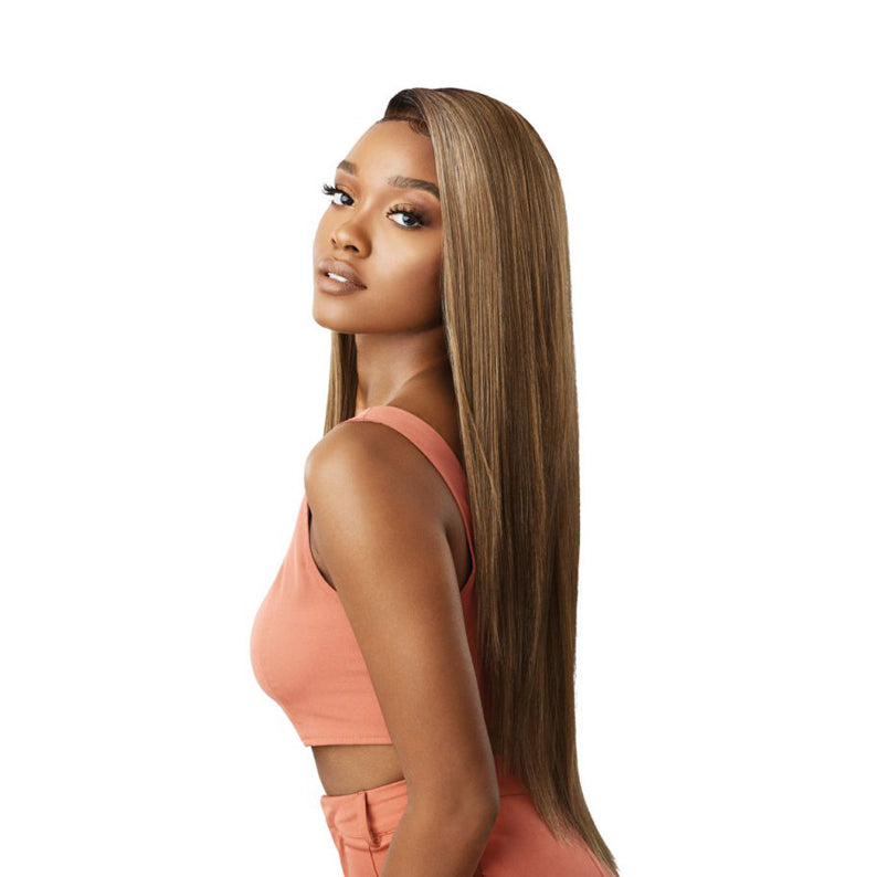 Model wearing OUTRE blonde synthetic lace front wig 28 inch straight sleek side part long hair