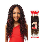 Outre boho mermaid locs crochet hair in dark brown with curly ends styled on a woman wearing red