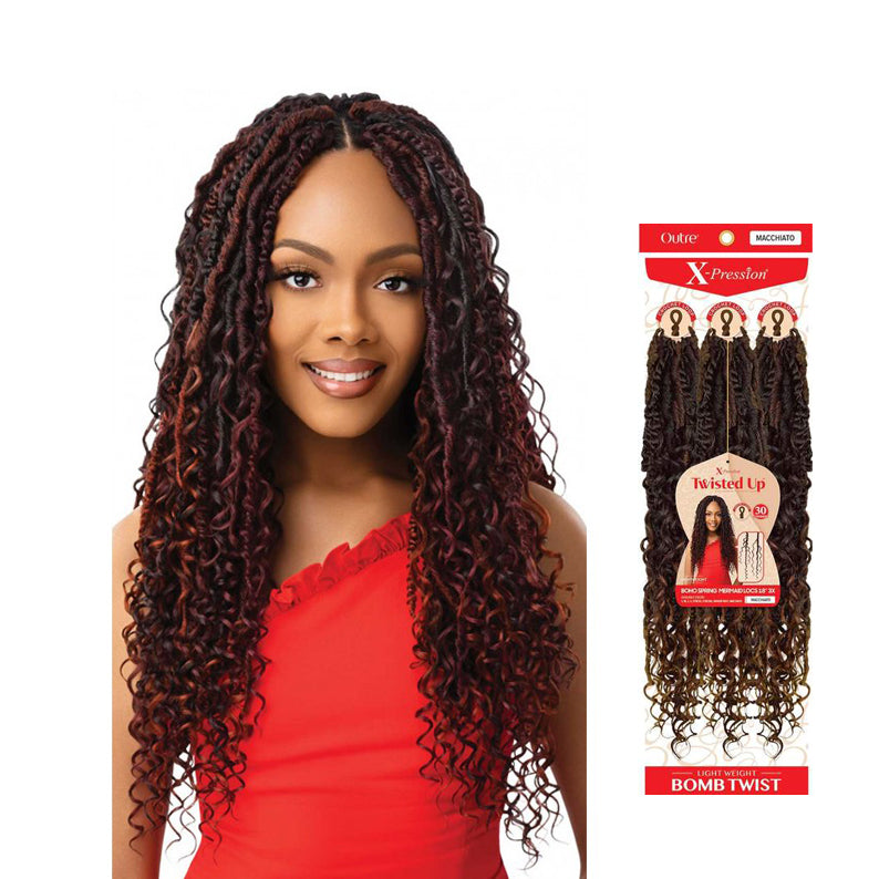 Outre boho mermaid locs crochet hair in dark brown with curly ends styled on a woman wearing red