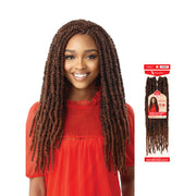 OUTRE butterfly locs hair extensions in chestnut brown shown on smiling model with long distressed locs and product pack
