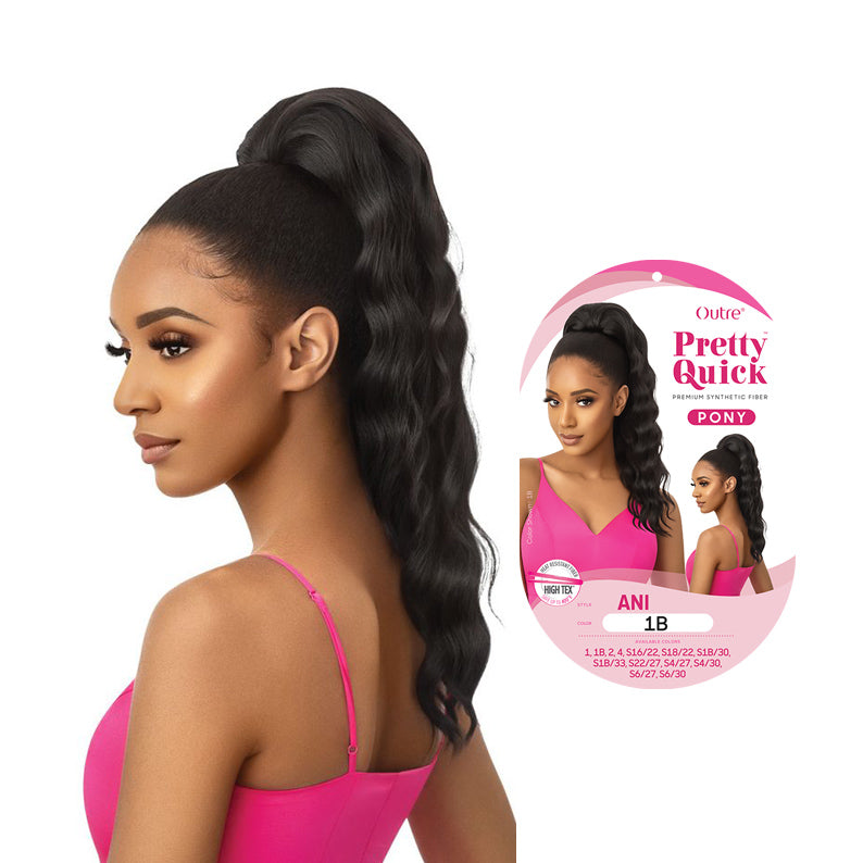 OUTRE clip-in ponytail hair extension in natural black worn with long wavy hair styled in a high ponytail