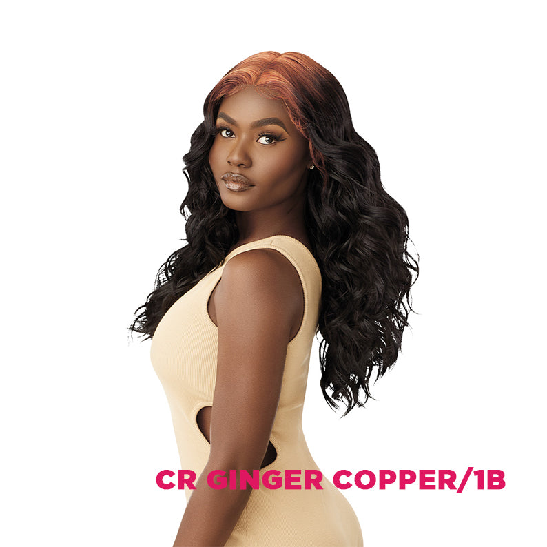 OUTRE COLORBOMB synthetic lace front wig long wavy ginger copper and 1B on model wearing beige dress
