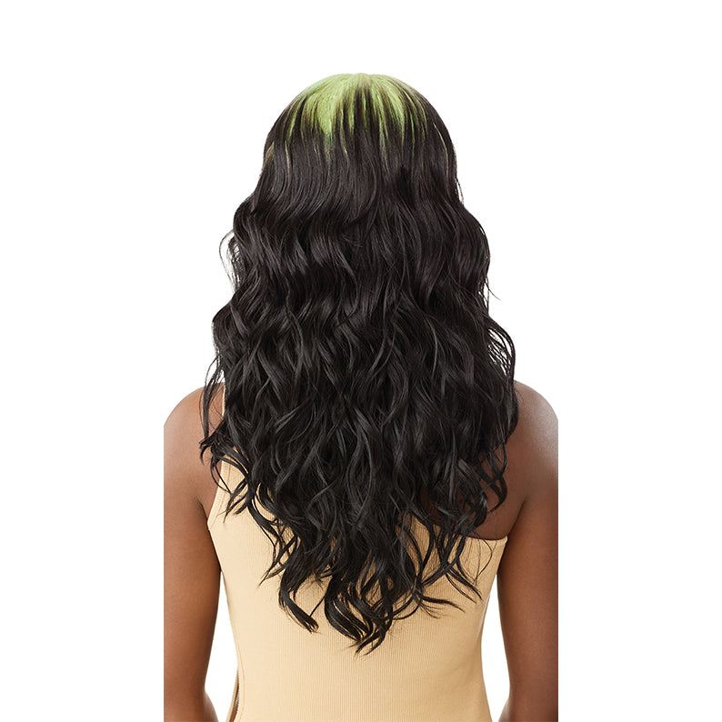 OUTRE COLORBOMB synthetic lace front wig long wavy jet black hair with neon green roots back view
