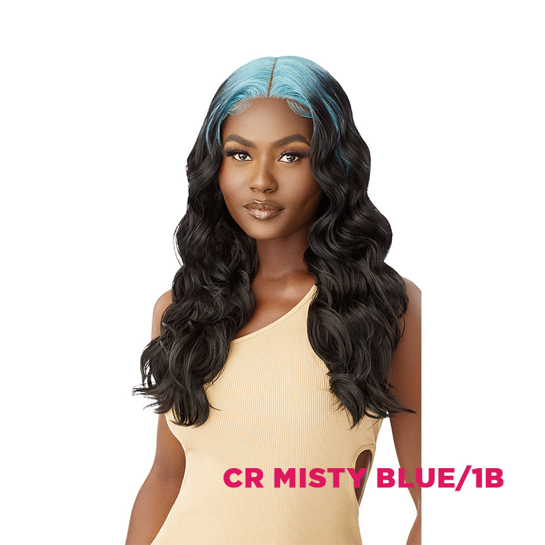 OUTRE COLORBOMB synthetic lace front wig with misty blue 1B roots and long black waves