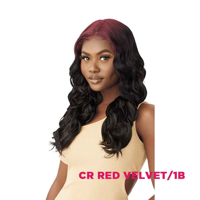 Model wearing OUTRE COLORBOMB synthetic lace front wig in CR Red Velvet 1B long wavy two tone middle part