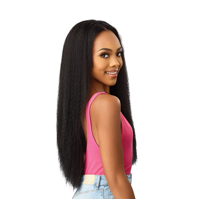 OUTRE converti cap wrap pony half wig long natural kinky straight black on smiling model in pink top
