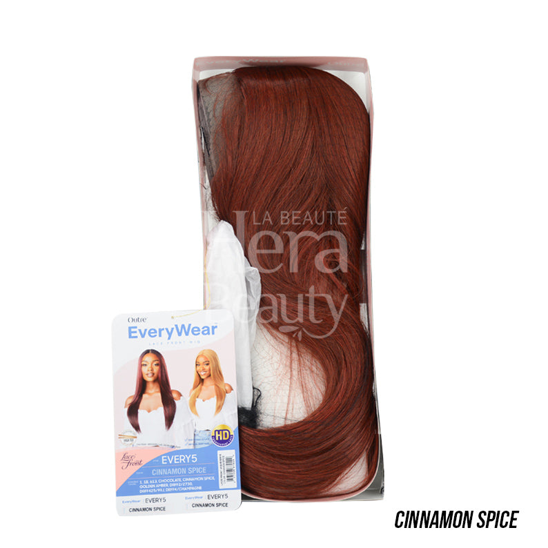 OUTRE 26 inch lace front wig Cinnamon Spice long wavy auburn hair in clear packaging with EveryWear card