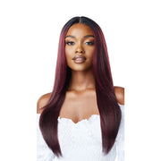 OUTRE 26 inch lace front wig long straight burgundy with black roots center part on model wearing white top