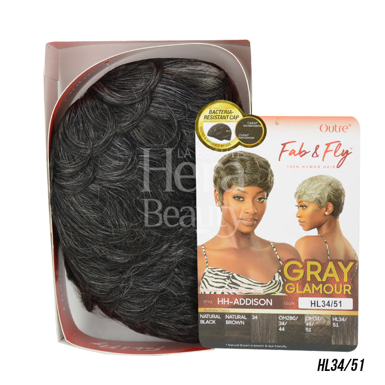 OUTRE Fab and Fly gray human hair wig HH ADDISON short pixie in HL34 51 packaging with model photos