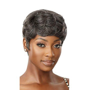 OUTRE gray human hair wig short finger wave pixie style on model with natural hairline and sleek finish