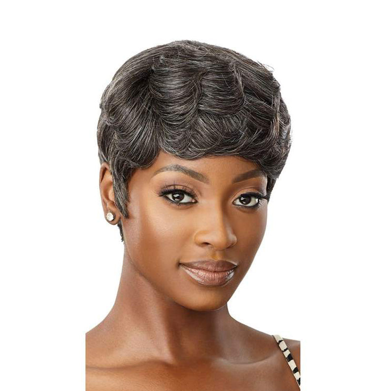 OUTRE gray human hair wig short finger wave pixie style on model with natural hairline and sleek finish