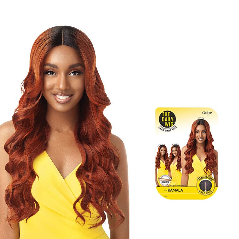 OUTRE Kamala 26 inch synthetic lace wig. Long auburn wavy lace front wig with center part shown on model and packaging