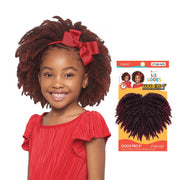 Outre kids crochet braids for natural hair Coco Fro 5 in color 2T1B 425 displayed with smiling girl wearing the braids