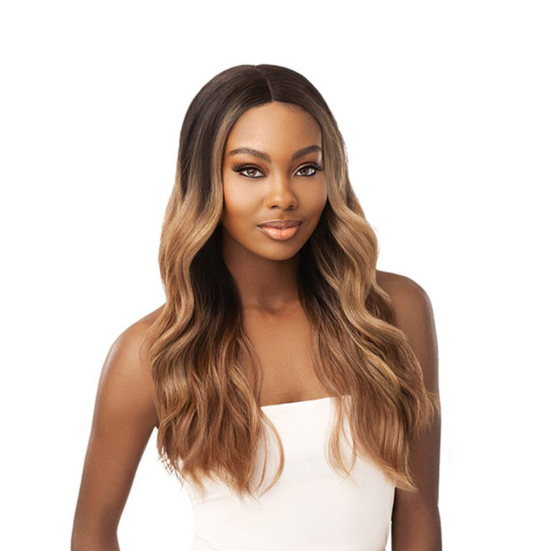 OUTRE lace front synthetic wig 20 inch long wavy ombre brunette to honey blonde middle part natural look