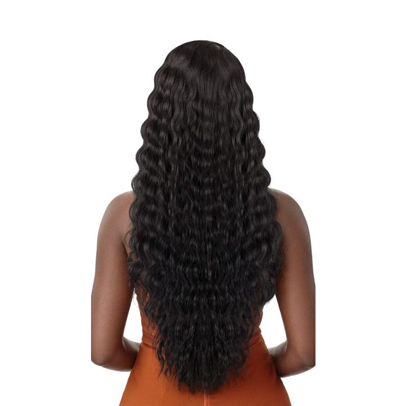 OUTRE lace front synthetic wig 28 inch deep wave long black hair on model back view wearing orange top