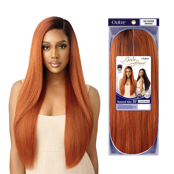 OUTRE lace front synthetic wig long straight natural yaki 30 inch Dr Copper Orange with center part