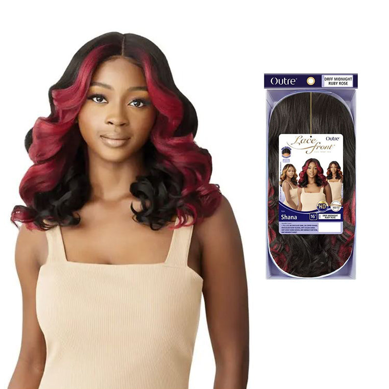 OUTRE lace front wig 16 inch Shana wavy black with burgundy highlights center part shown with packaging